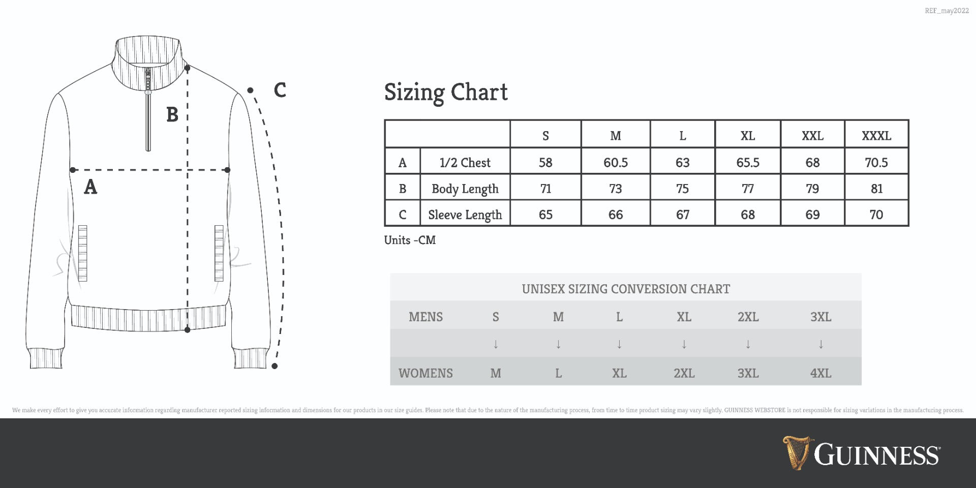 Guinness Harp Half Zip Sweater Size Chart - Perfect for any Guinness fan!