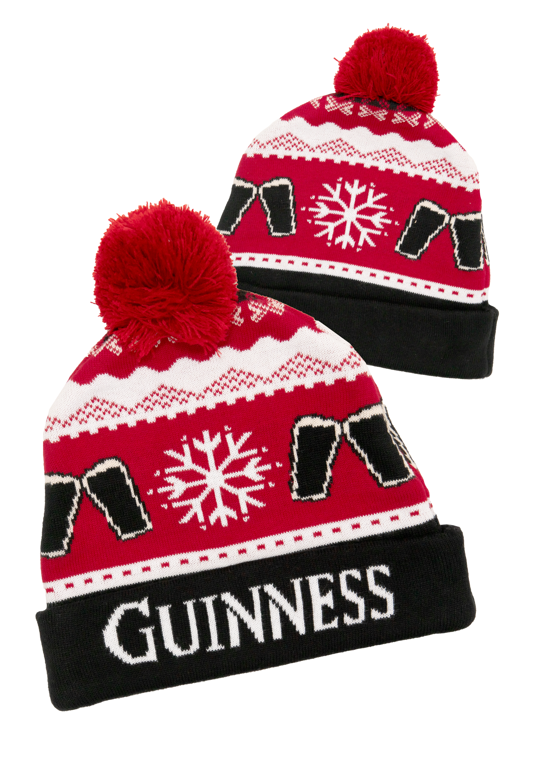 Two Official Guinness Holiday Beanie hats with the word Guinness on them, featuring a Christmas-inspired design made of BCI cotton.