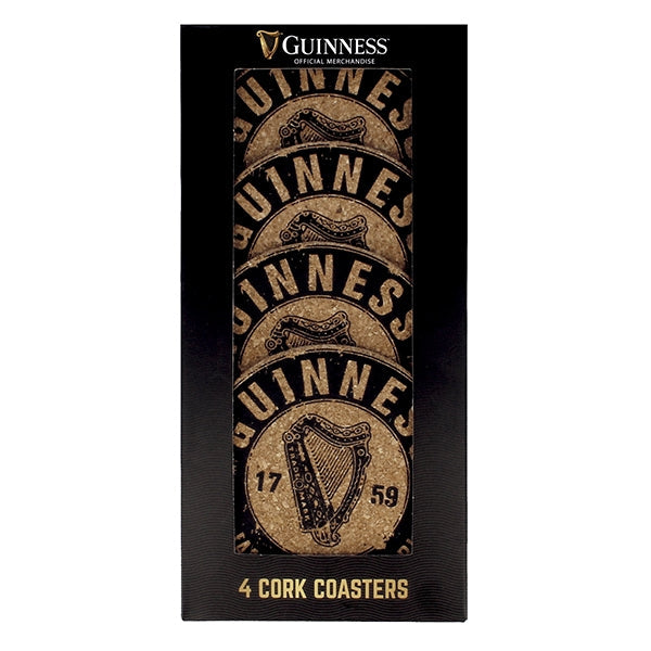 Branded Guinness coasters in a box.
Revised Sentence: Guinness Cork Coaster Set - 4 PK in a box.