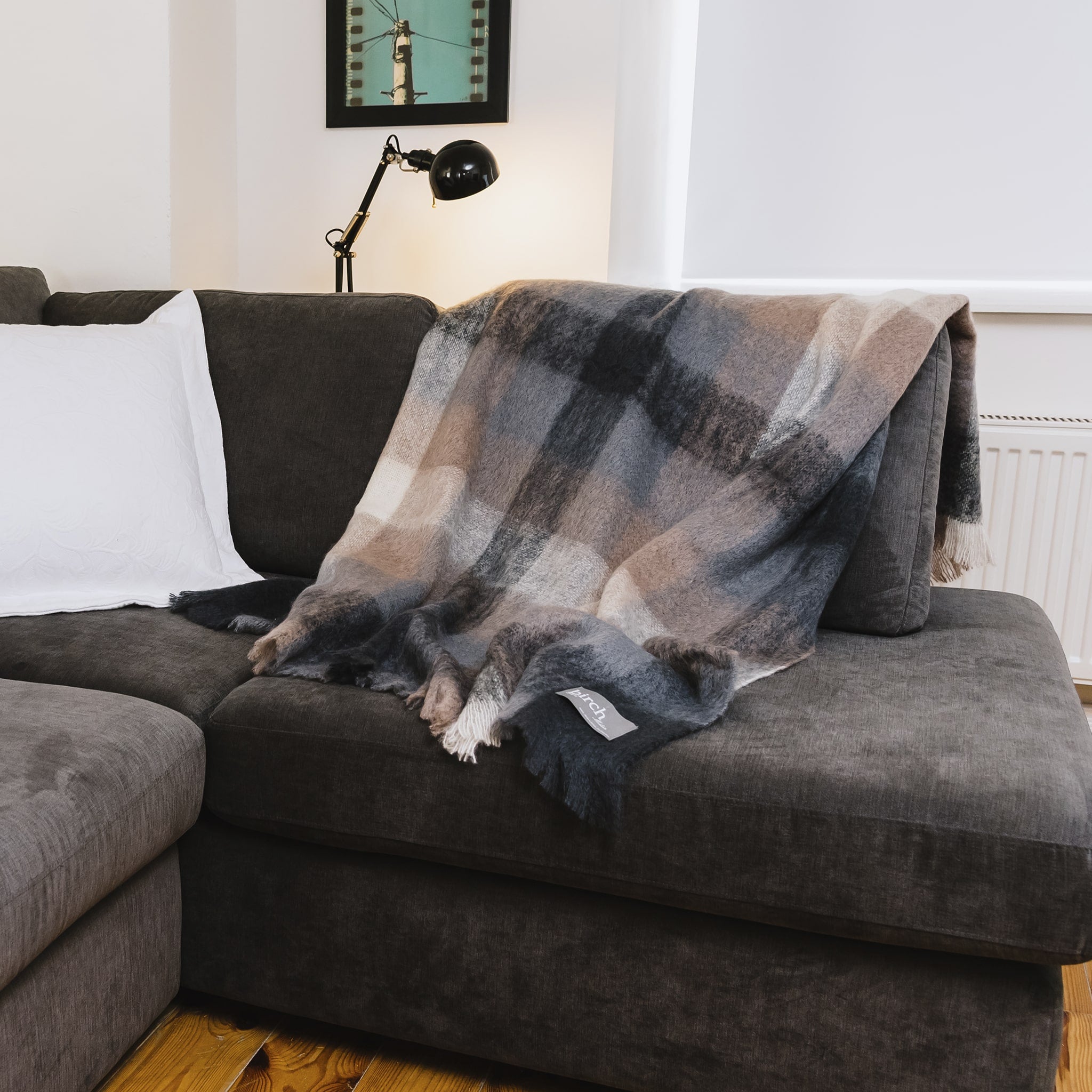 Mohair Throw - Charcoal, White & Mink Check