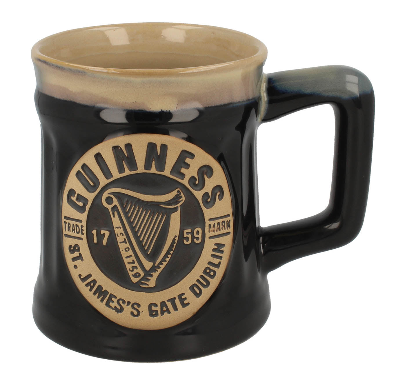 A black and beige Guinness Harp Black Pottery Mug with a handle, featuring the classic bottle top logo and "St. James's Gate Dublin" text, available from Guinness Webstore US.