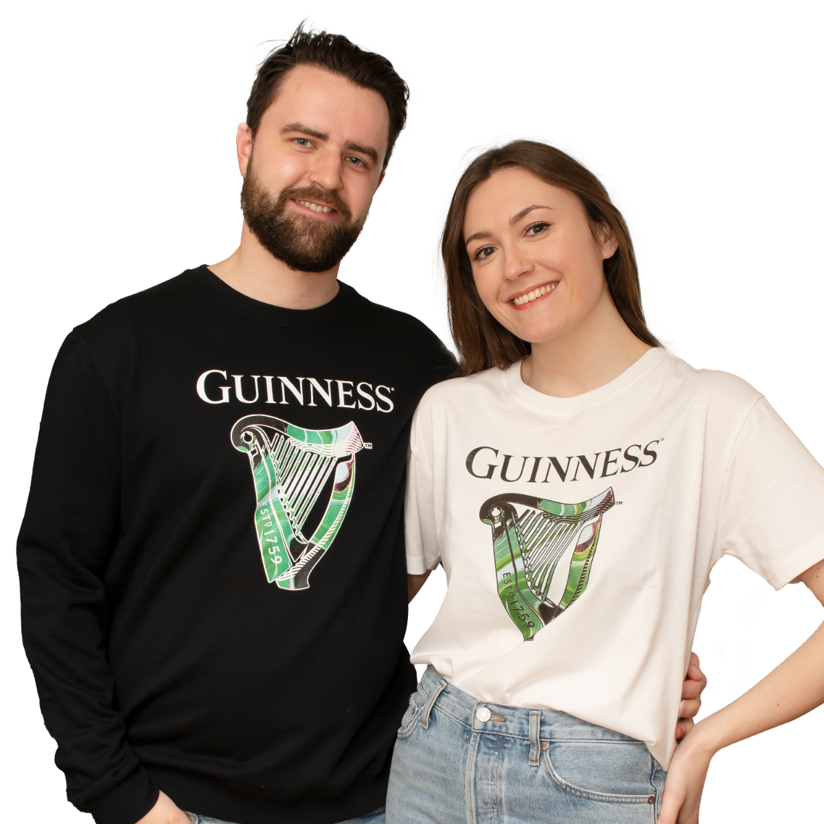 A man and woman donning Guinness Limited Edition St Patrick's Day 2023 Black Sweater on St Patrick's Day.