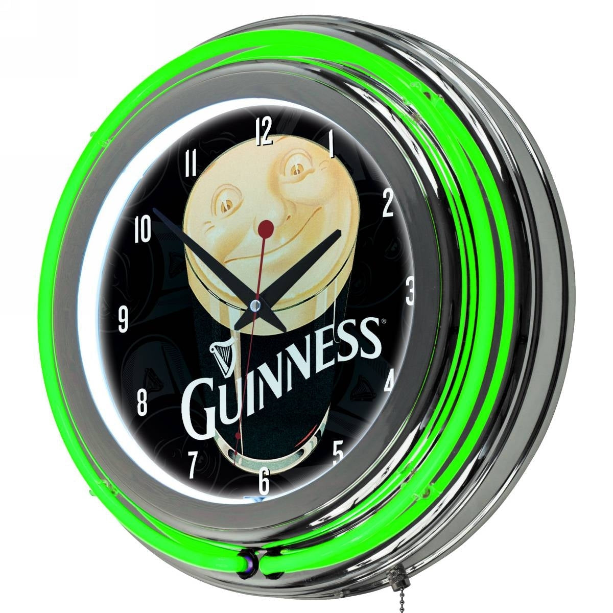 Guinness Chrome Double Rung Neon Clock - Smiling Pint