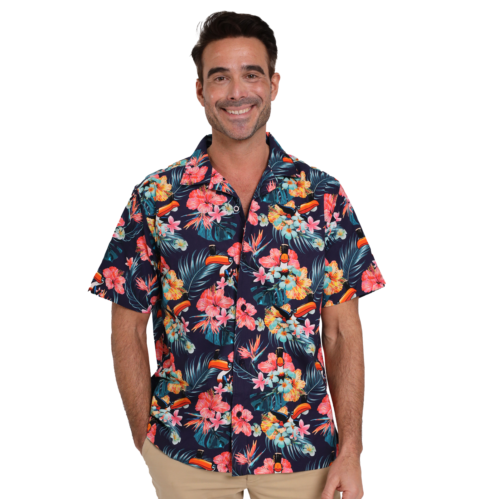 A smiling person wears a 100% cotton Guinness Toucan Hawaiian Shirt by Guinness and beige pants, standing against a white background.