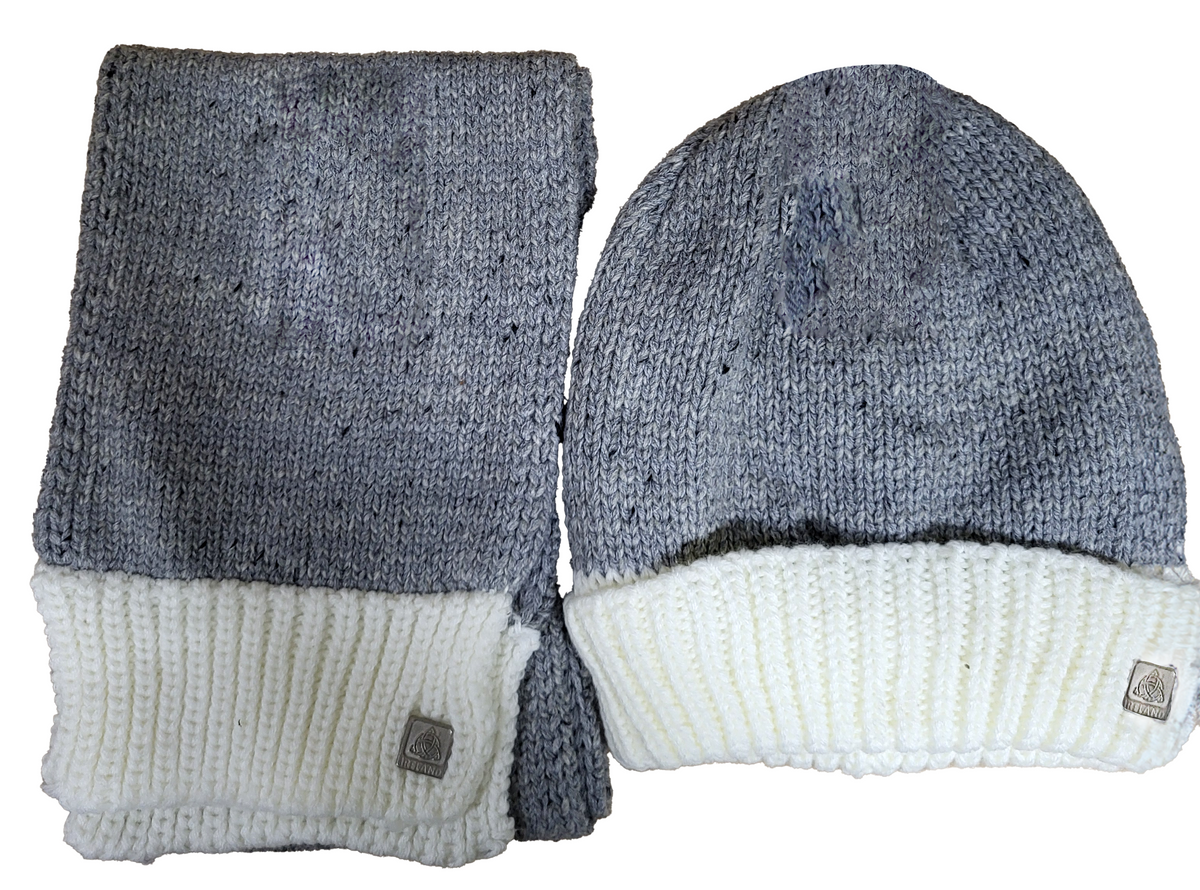 Olann Scarf and Beanie Set - White and Grey Contrast