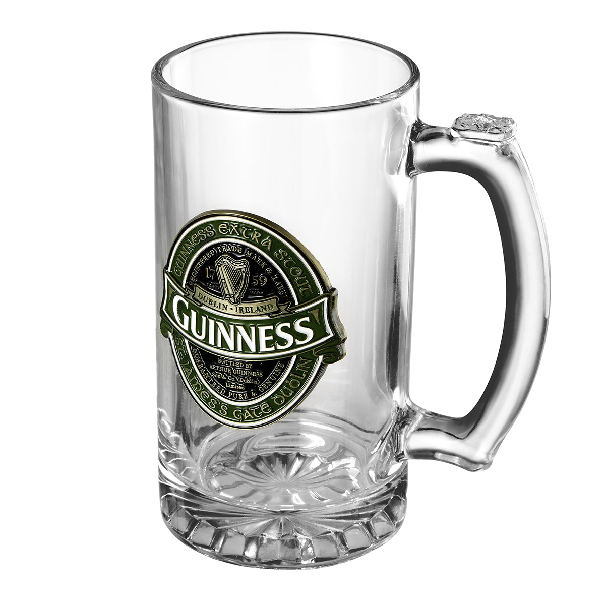 A clear glass beer mug adorned with the green and white Guinness logo, featuring "St. James's Gate Dublin" text, is isolated on a white background. This quintessential Guinness Ireland Tankard perfectly celebrates the beloved Irish stout.