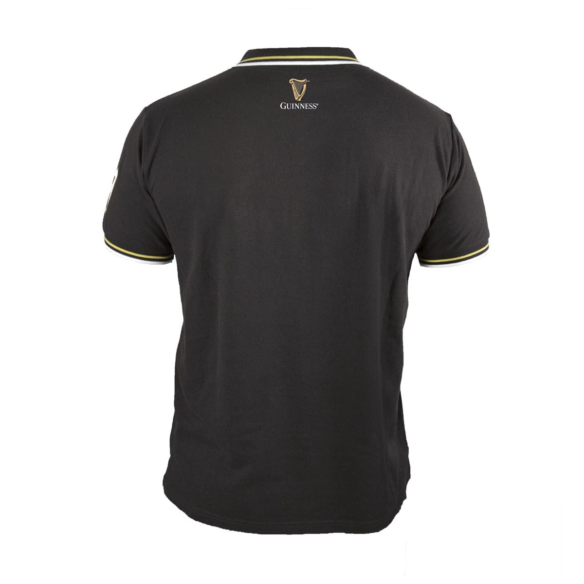 The back of a Guinness Black Pique Polo Shirt with gold trim, representing the iconic Guinness brand.