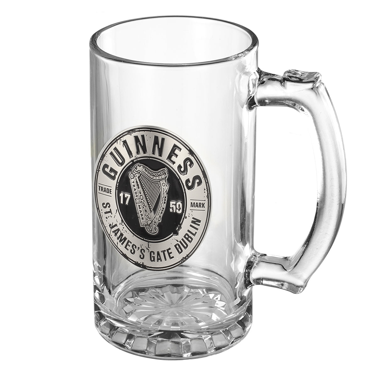 A clear **Guinness Pewter Logo Tankard** featuring the Guinness logo and “St. James's Gate Dublin” text. The **Guinness** tankard, part of the exclusive beer glass collection, has a sturdy handle and a thick base with ornamental detailing.