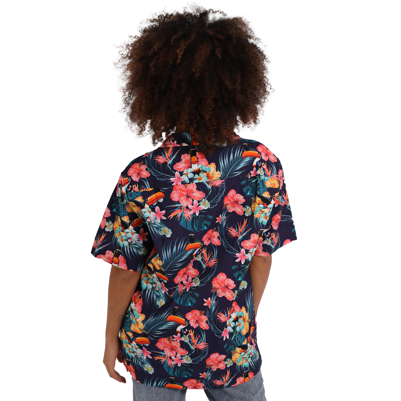 Person with curly hair wearing a Guinness Toucan Hawaiian Shirt, photographed from behind against a white background.