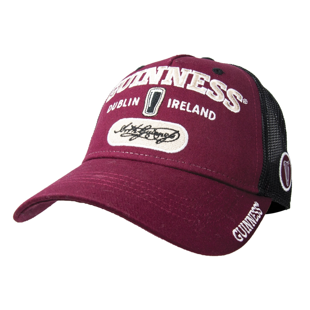 An Adjustable Guinness Signature Burgundy Trucker Mesh Baseball Cap.