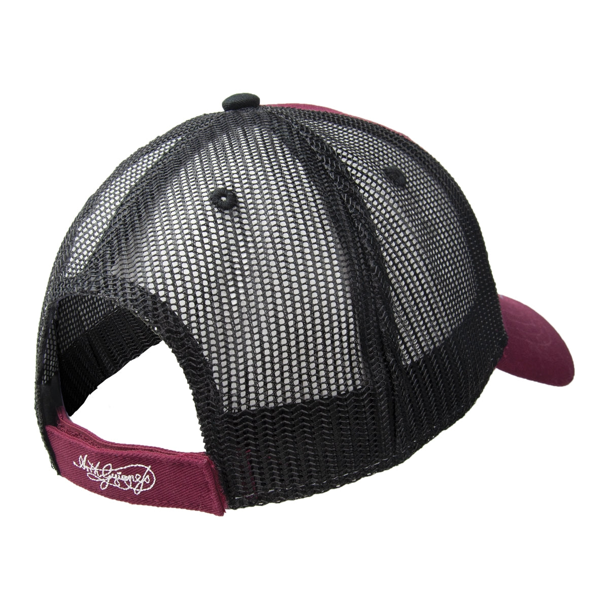 A Guinness Signature Burgundy Trucker Mesh Baseball Cap Adjustable with an adjustable back.