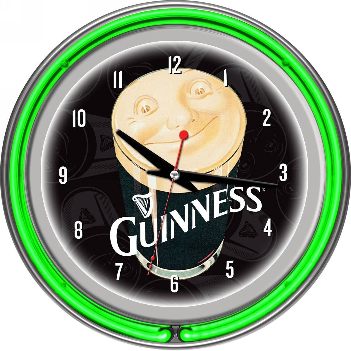 Guinness Chrome Double Rung Neon Clock - Smiling Pint