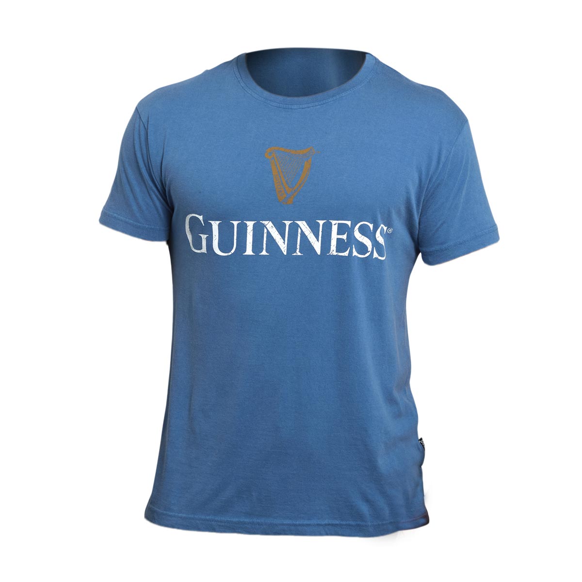Vintage-inspired Blue Guinness Harp Premium Tee featuring a white "GUINNESS" logo and a gold harp icon on the front, this unisex t-shirt proudly displays the Guinness® Trademark Label.
