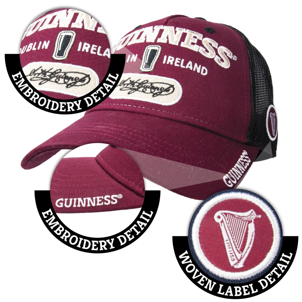 Adjustable Guinness Signature Burgundy Trucker Mesh Baseball Cap.