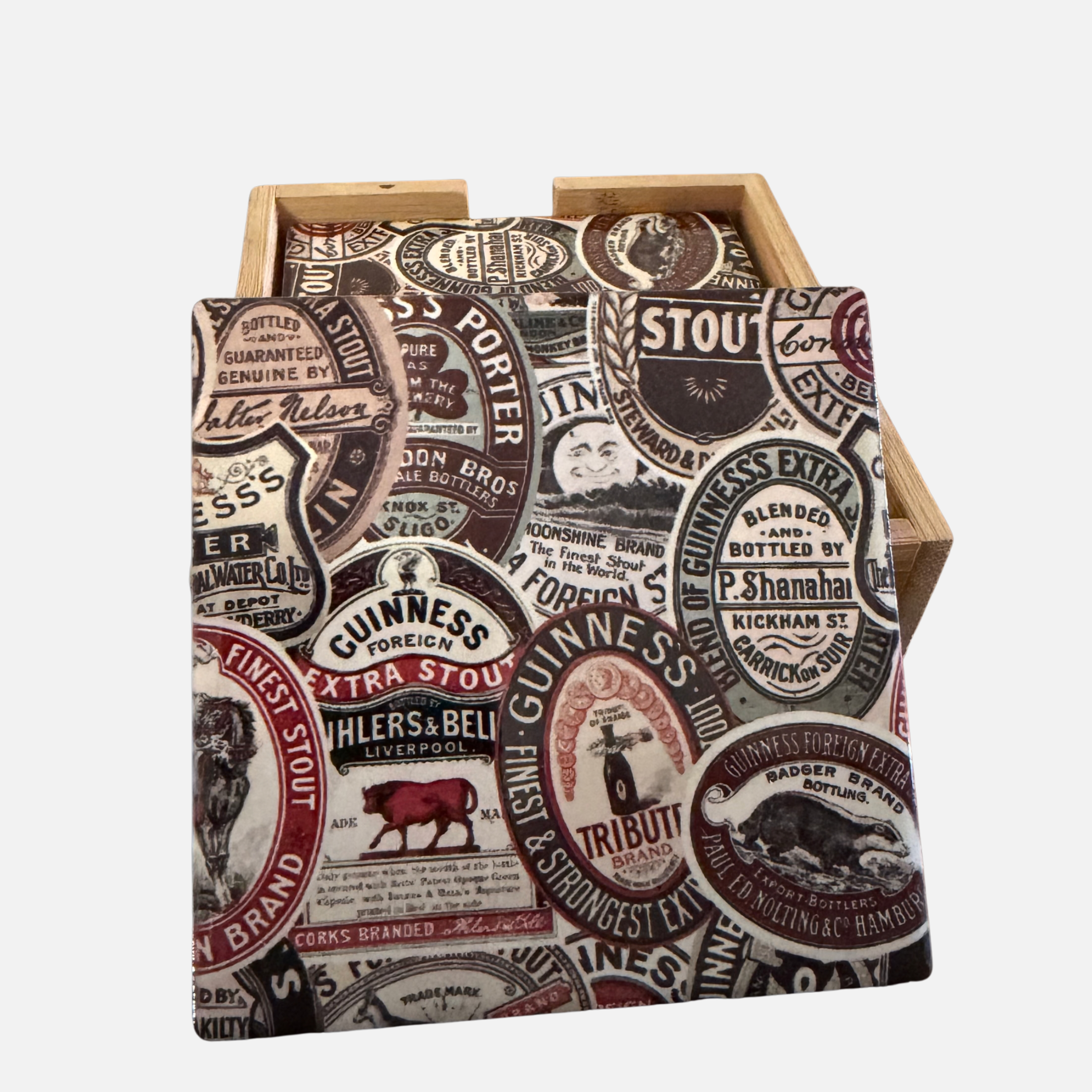Guinness Archive Label 4Pk Ceramic Coasters | Wooden Gift Box