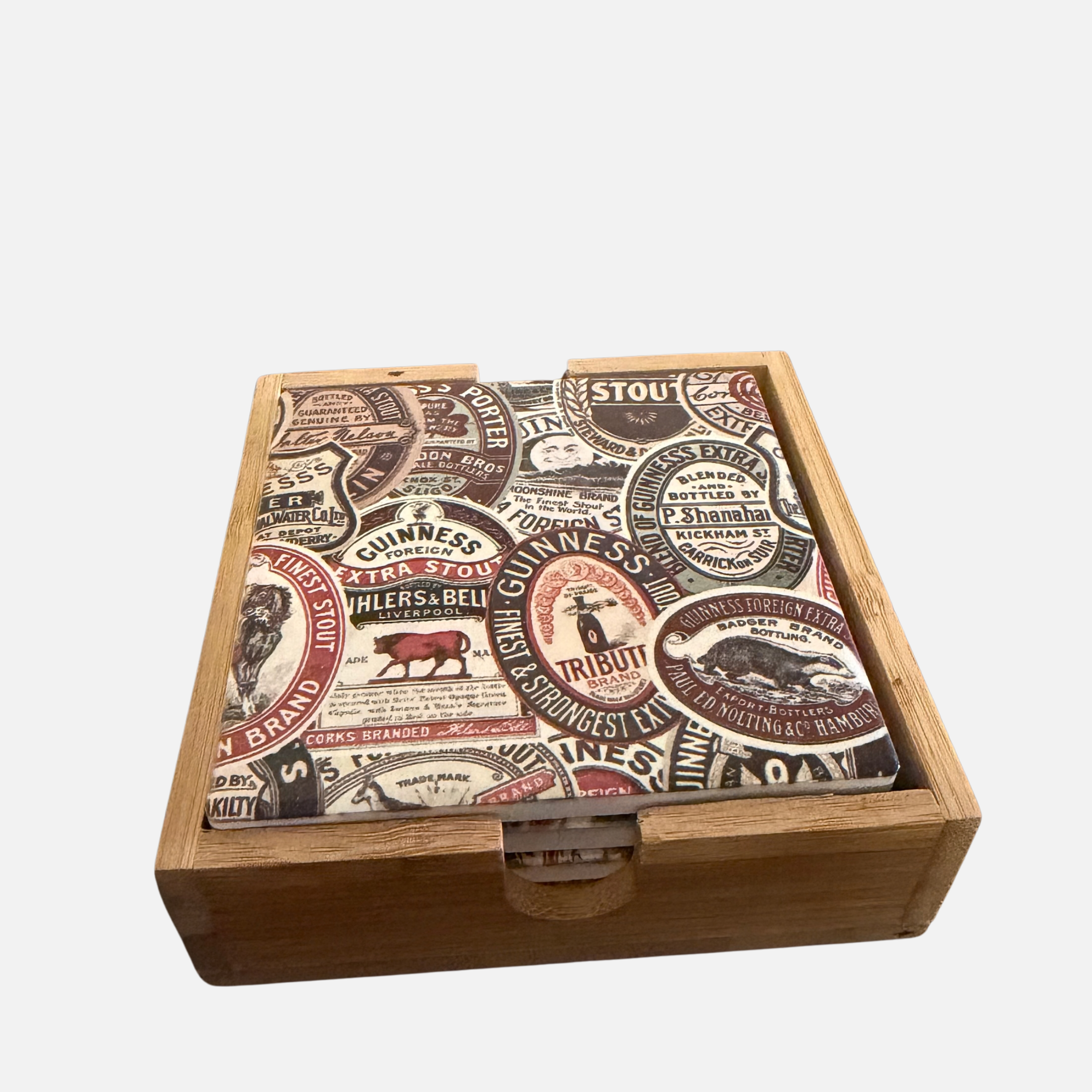 Guinness Archive Label 4Pk Ceramic Coasters | Wooden Gift Box