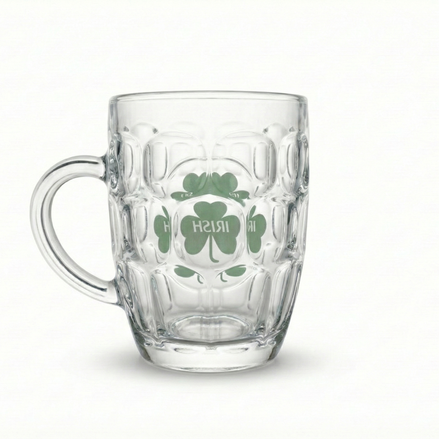 Clear glass mug with shamrock design and 'Irish' text on a white background