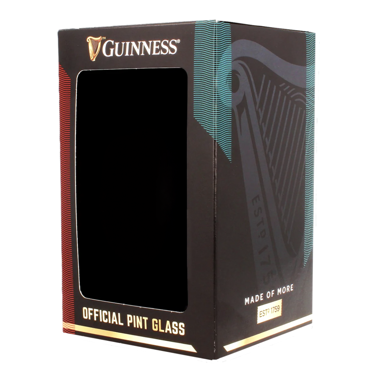 A black Guinness box labeled "Guinness Pint Glass" with a viewing window and decorative lines. The text on the box includes "Made of More," the historic "EST 1759," and features the iconic Guinness Harp Logo—a perfect gift for any Guinness lover.