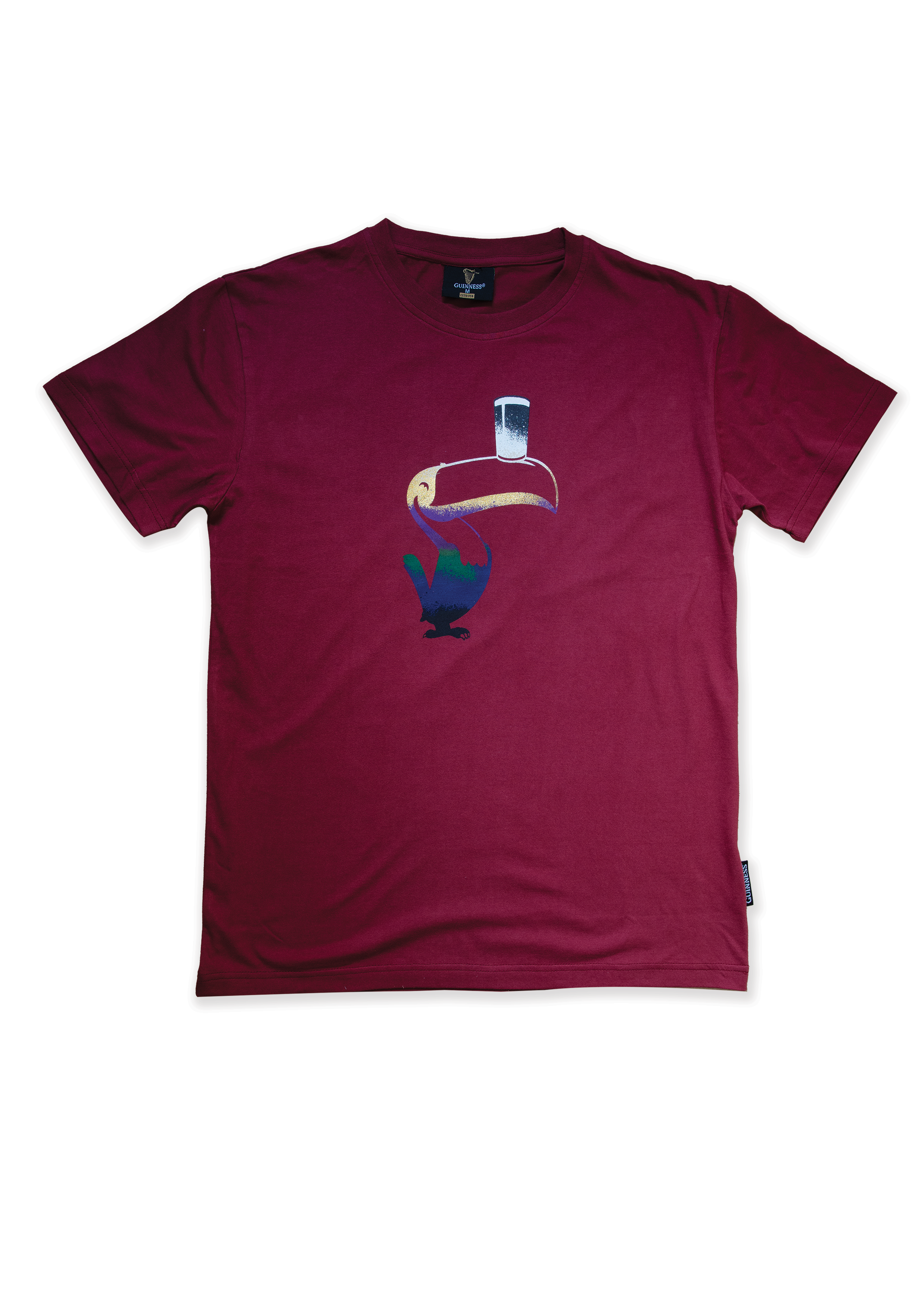 A Guinness Liquid Toucan Tee - Red with an image of a bird on it.