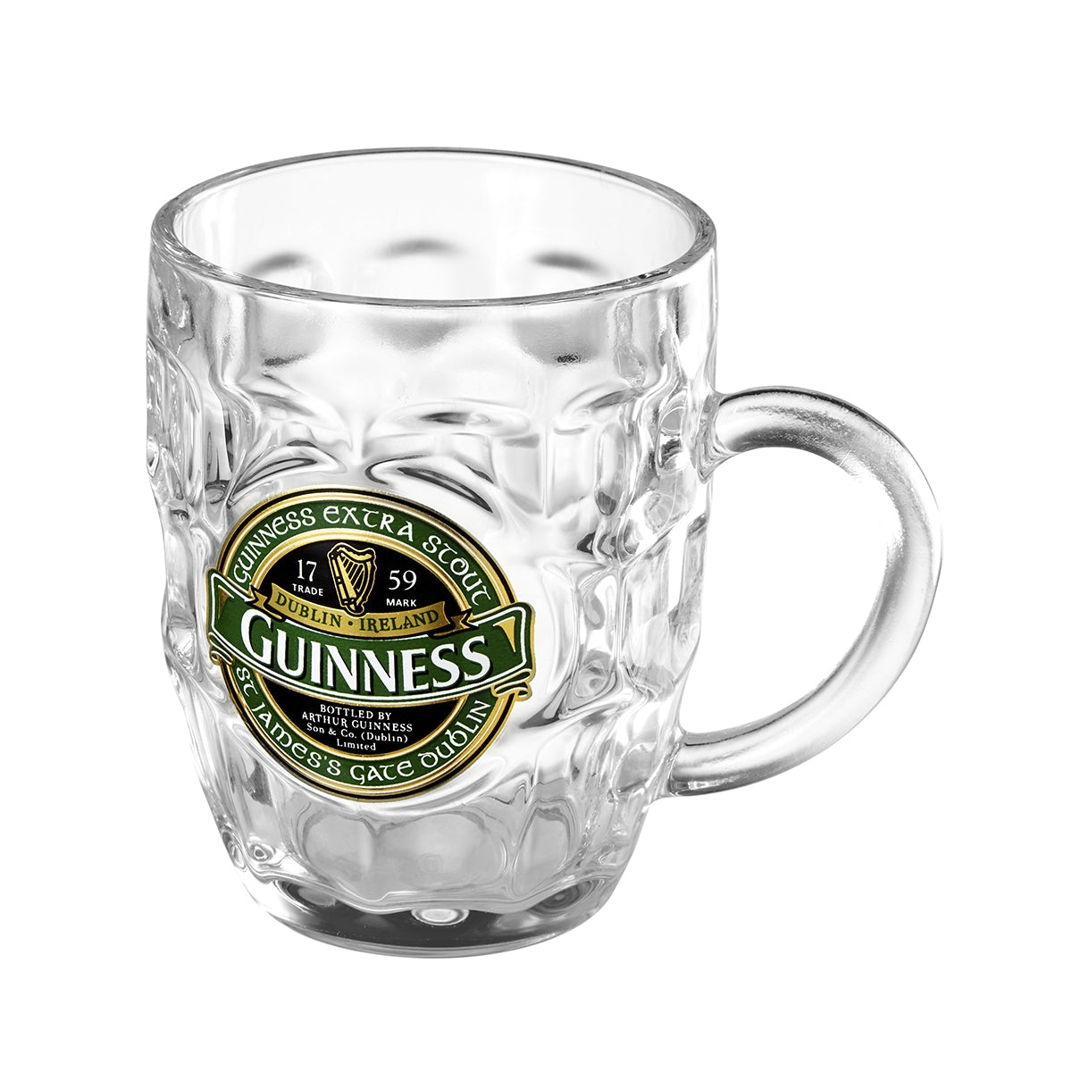 A high-quality Guinness Ireland Dimpled Tankard with a textured surface and a handle, featuring a label that reads "Guinness Extra Stout." This piece is part of the exclusive Green Collection, making it the perfect addition to any Guinness enthusiast's set.