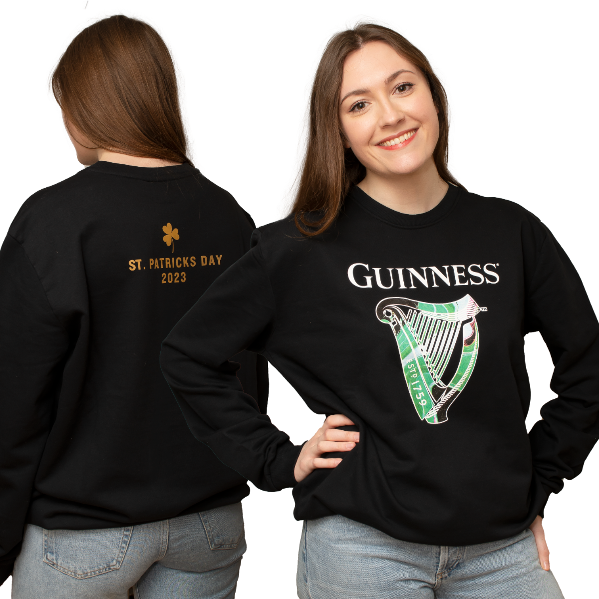 A woman wearing a black sweatshirt with the Guinness harp on it, perfect for St. Patrick's Day, is wearing the Guinness Limited Edition St Patrick's Day 2023 Black Sweater.