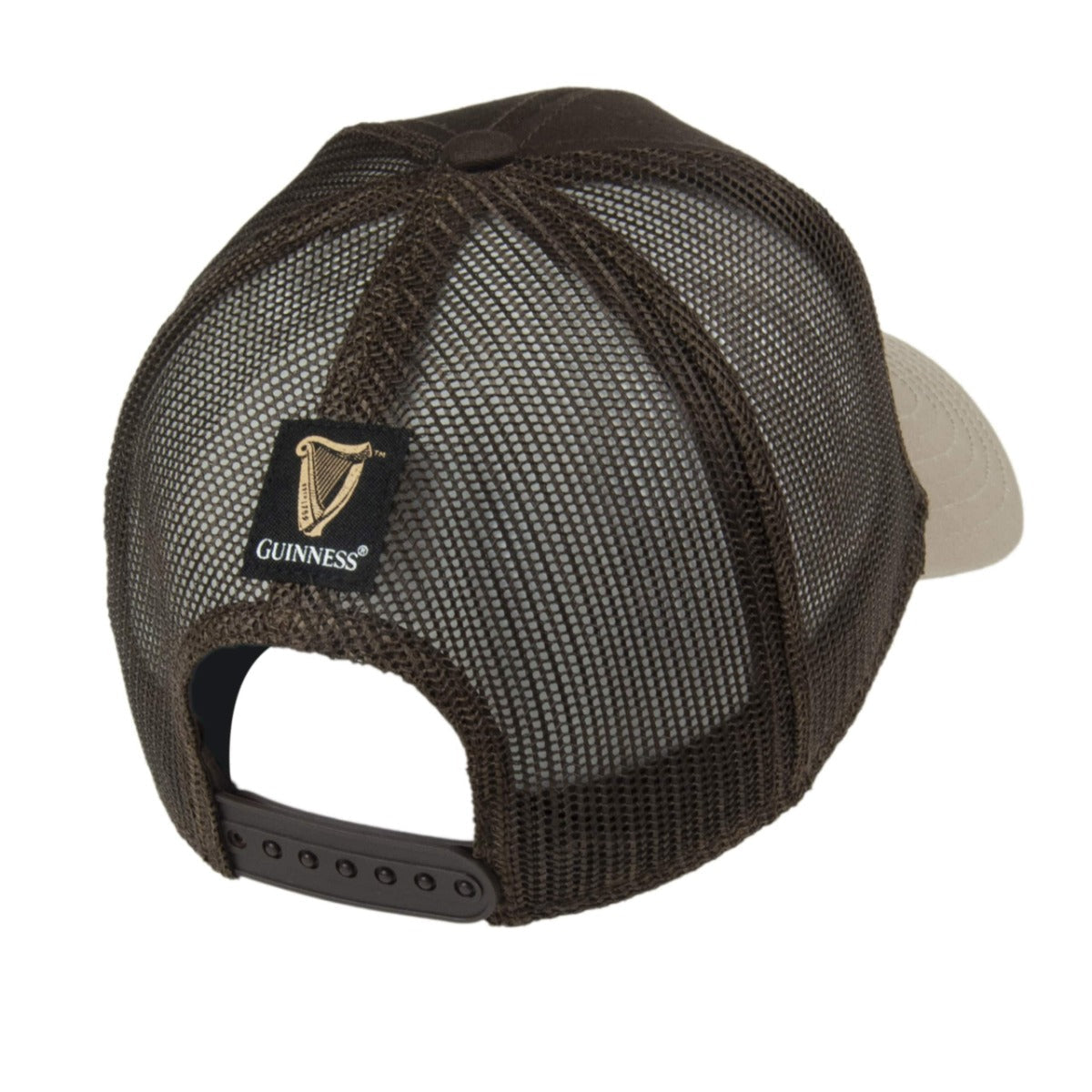 An embroidered Guinness Trucker Premium Brown with Embroidered Patch Cap.