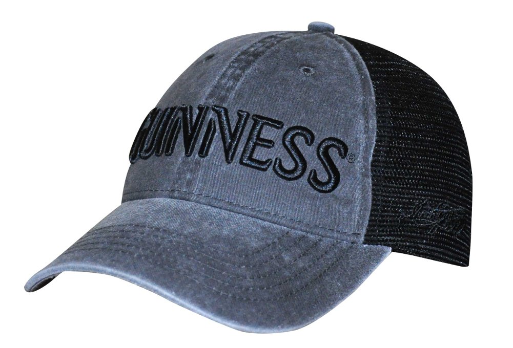 A Guinness Trucker Hat in gray and black, made of cotton.