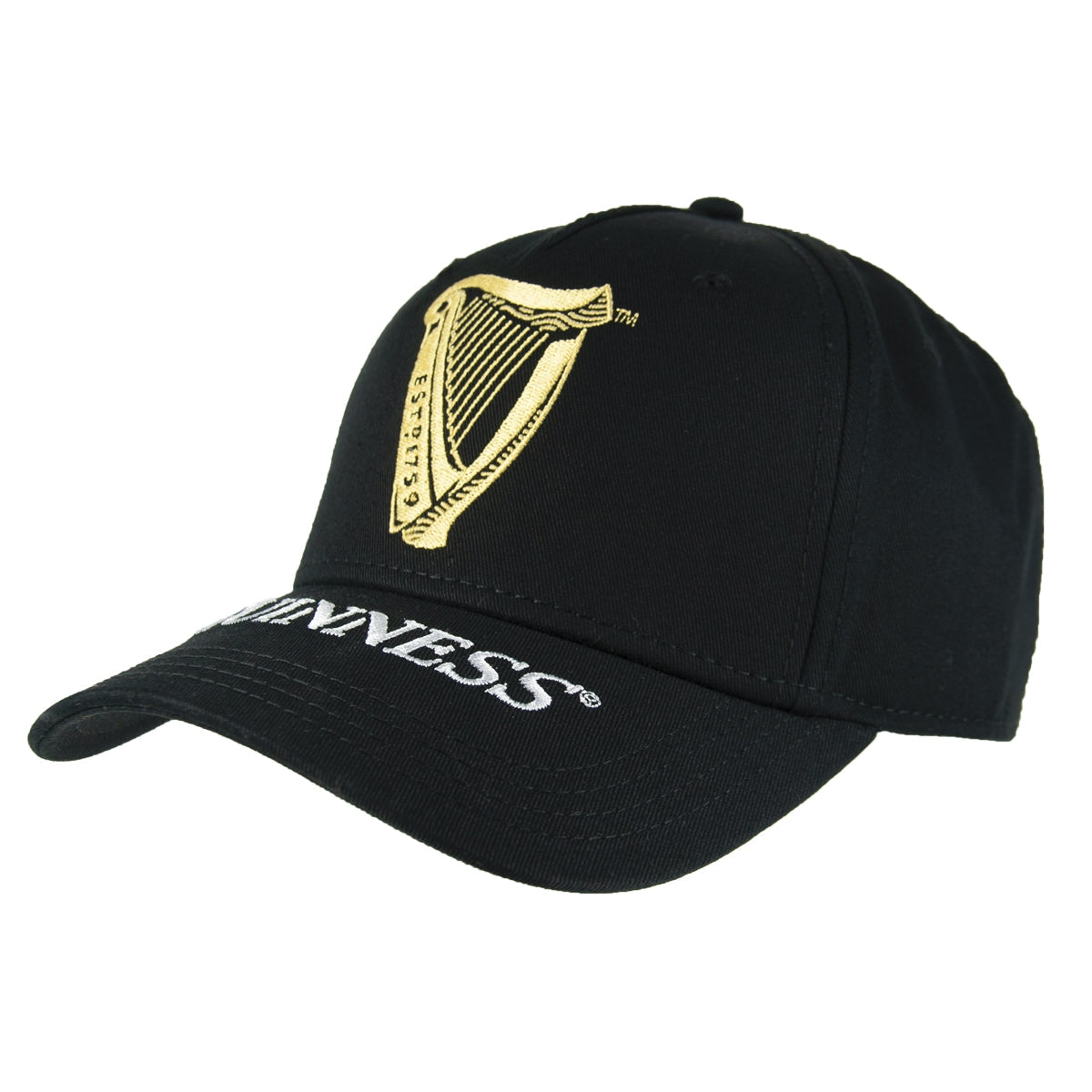 A Guinness Harp Baseball Cap with a gold harp on it.