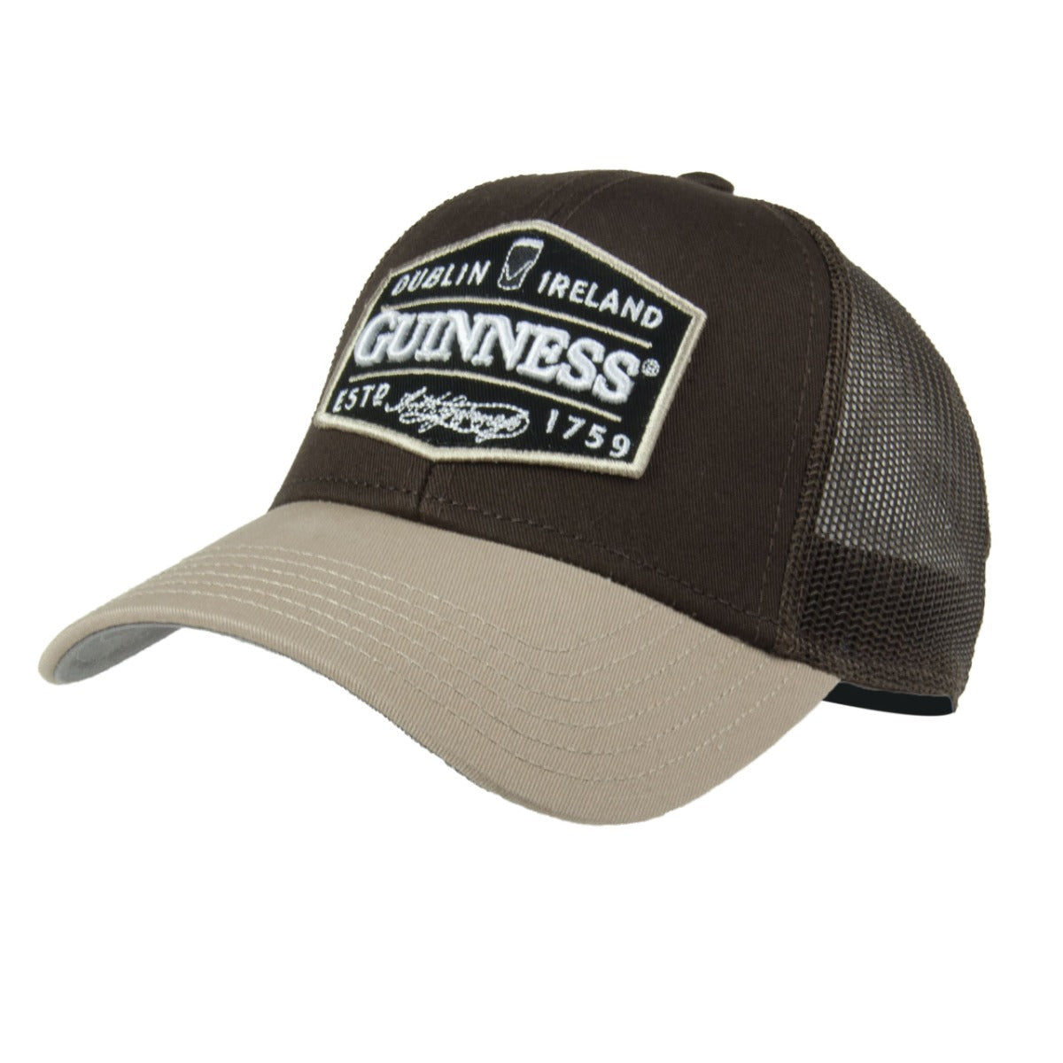 The Guinness Trucker Premium Brown with Embroidered Patch Cap is embroidered with the Guinness logo and comes in a brown and tan color scheme.