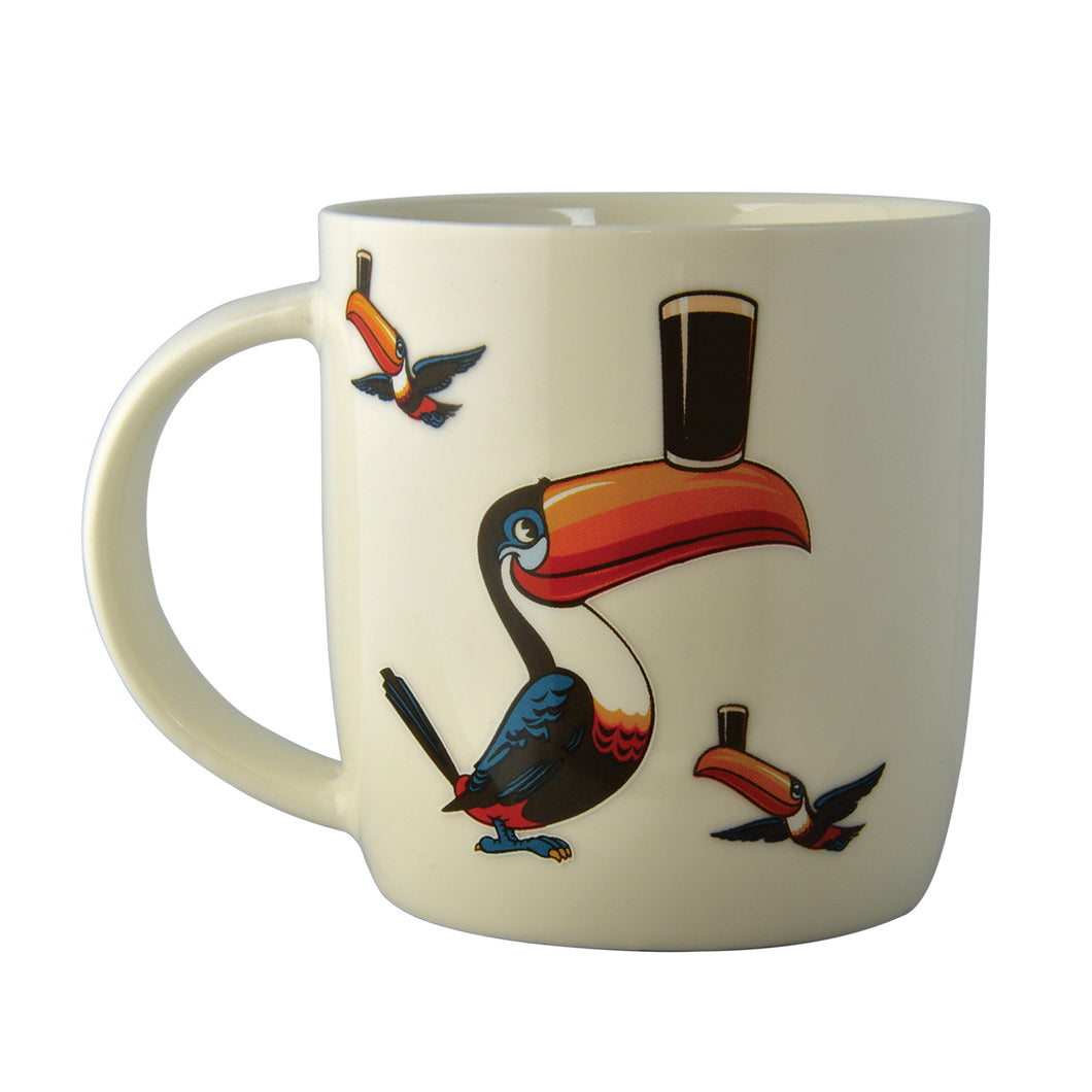 White Mug with Standing and Flying Toucans