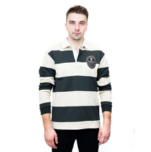 Load image into Gallery viewer, Cream and Black Stripped with Twill Patch Long Sleeve Rugby Jersey
