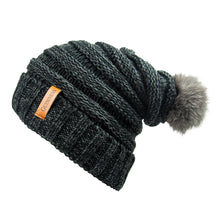 Load image into Gallery viewer, Dark Grey Slouchy Bauble Beanie with Brown Leather Patch
