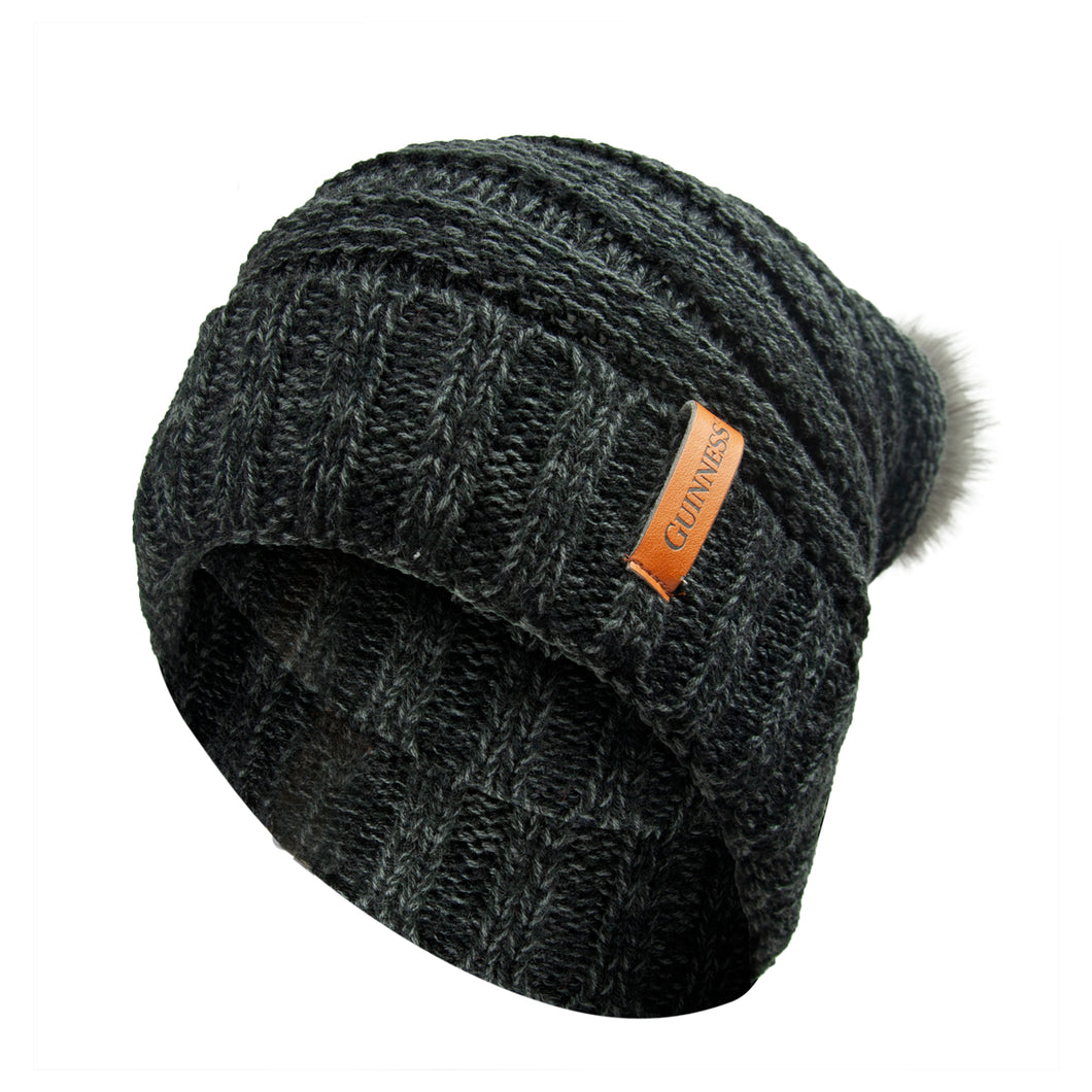 Dark Grey Slouchy Bauble Beanie with Brown Leather Patch